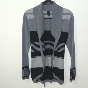 New Directions Gray + Black Belted Open-Front Shawl Collar Cardigan Size M